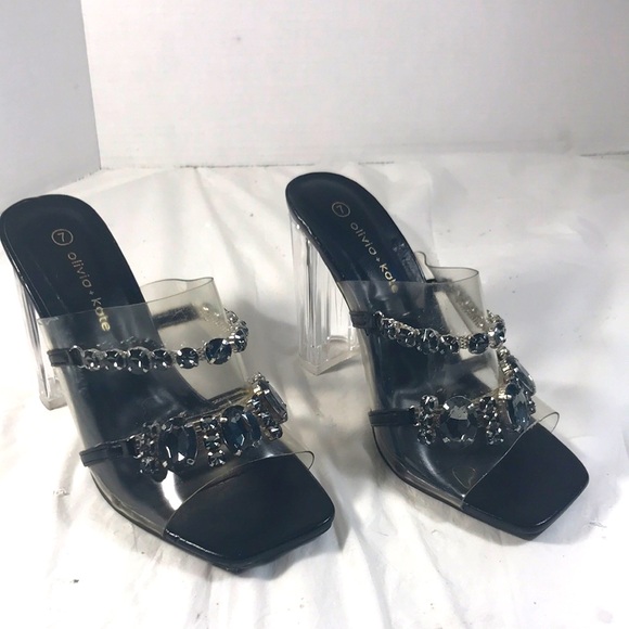 Women's Olivia + Kate Black Slip On Open Toe Clear Heels With Jewel Accents - Picture 1 of 8